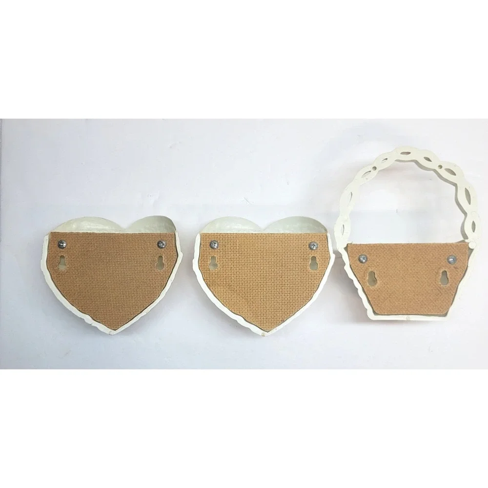 Vtg Burwood Wicker Style Wall Decor Set 6pc White w/Pink Bow Mirror Shelf Hearts